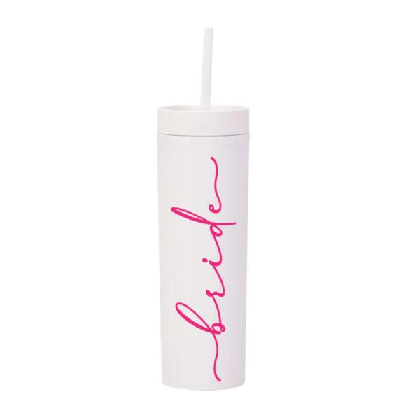 Botella Skinny Blanco «Bride Letra Fucsia» 16oz