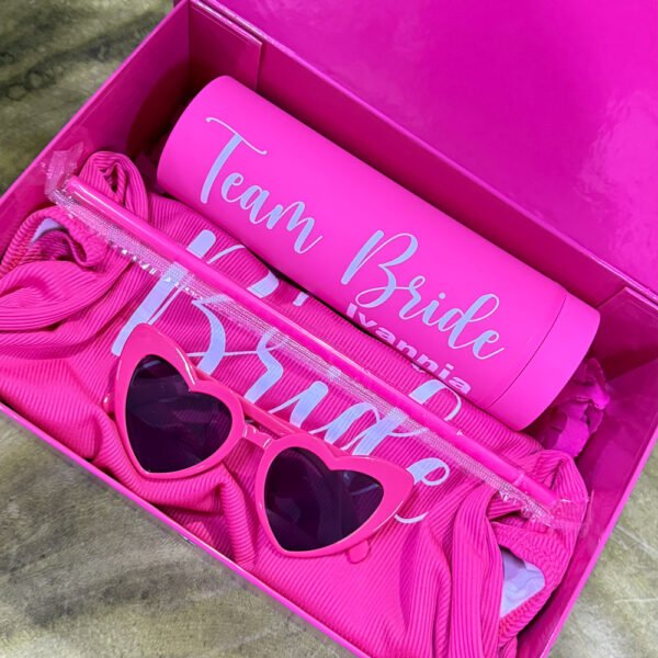 Combo #1: Team Bride Vaso Skinny + Lentes + Traje de Baño + Caja pasta dura personalizada