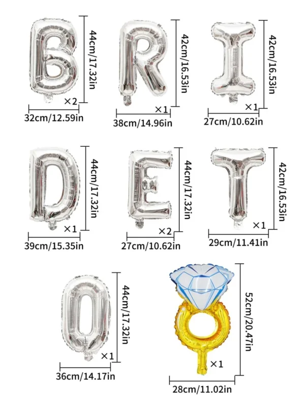 Set de 10 Piezas Globos Metálicos Plateados "BrideToBe" + anillo - Imagen 2