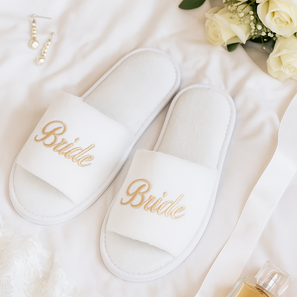 Pantuflas Blancas BrideDorado bordado (cursiva)
